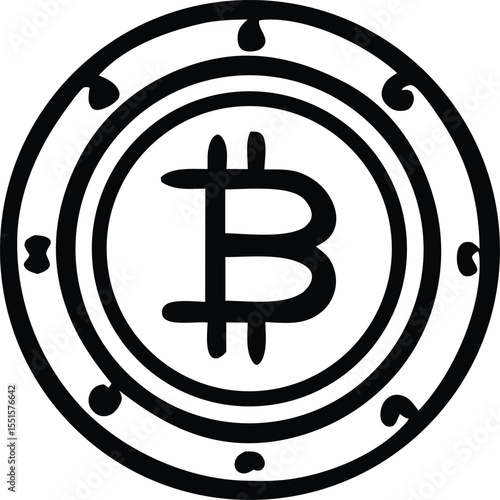 Stylized black and white bitcoin logo with a distinctive circular border and ornate embellishments representing digital currency and blockchain technology