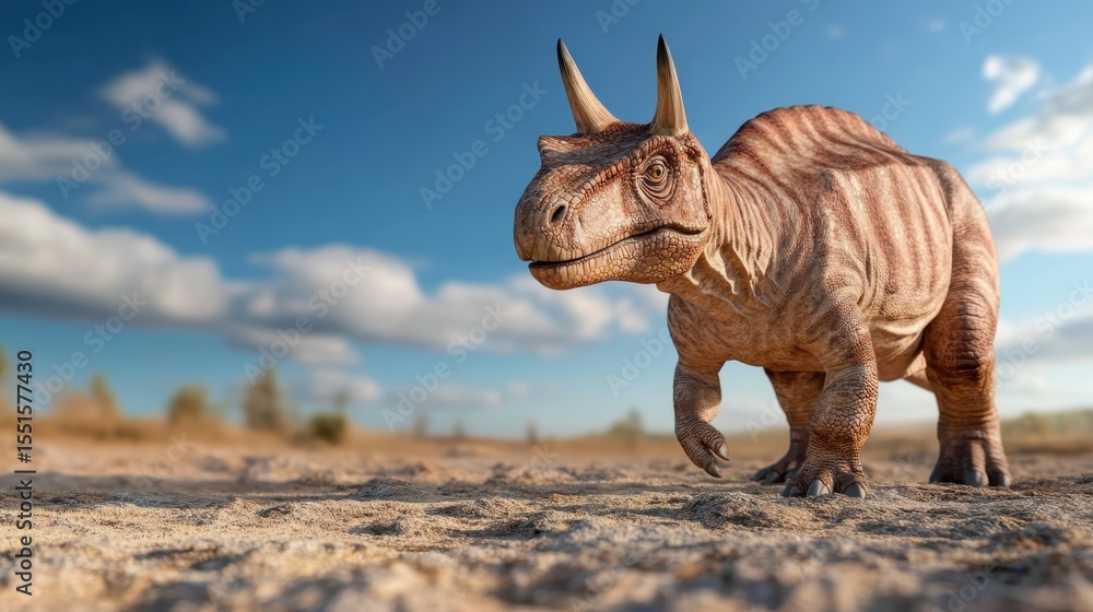 Fototapeta premium A lifelike dinosaur strides across a sandy desert landscape under a brilliant sky, blending elements of prehistory with vivid realism in a breathtaking natural setting.