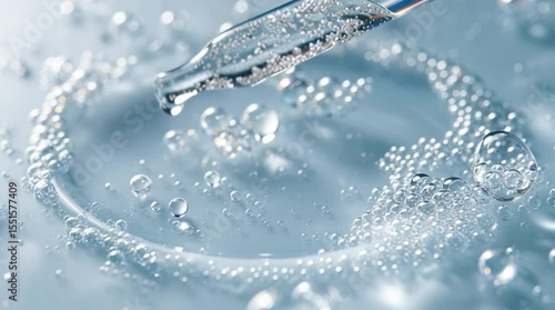 Close up of a pipette with Clear Liquid Serum cosmetic product for skin. Gel texture with bubbles	
