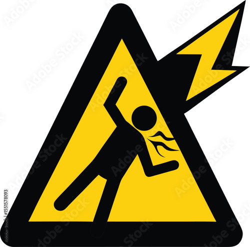"Man being struck by a lightning bolt in triangle warning sign, symbolizing electric shock hazard"