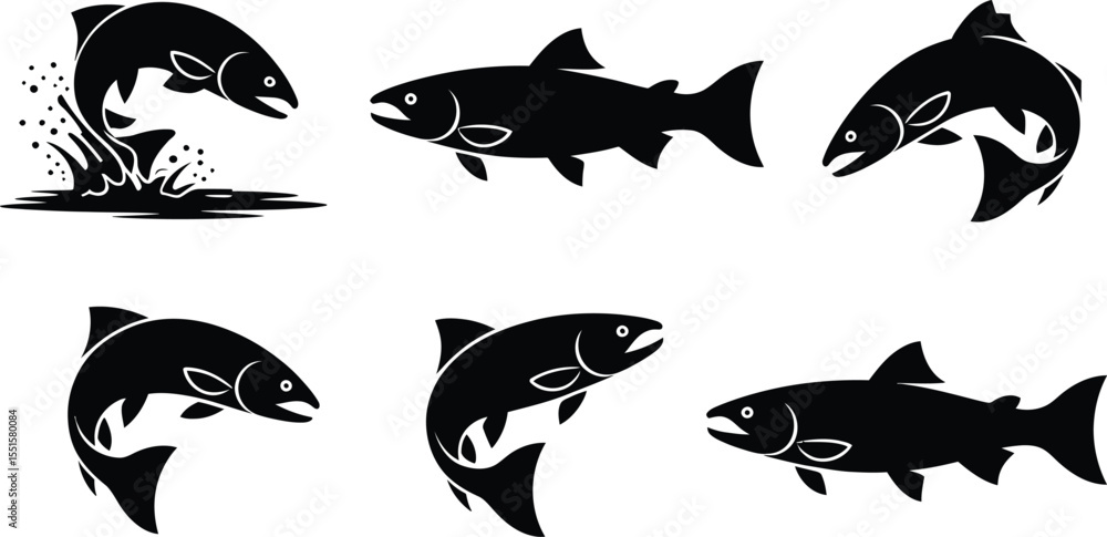 Fototapeta premium Salmon fish silhouette vector set, collection of jumping and swimming salmon icon in black isolated style