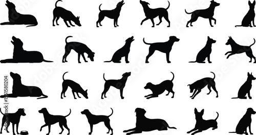 Dog silhouette vector set, collection of different dog pose and activity in black isolated style for design