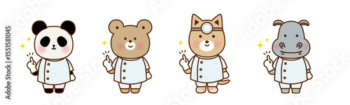 指差ししたかわいい動物の歯医者さんキャラセット｜くま・パンダ・犬・カバ