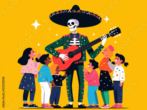 a mariachi skeleton in a sombrero, playing guitar and singing to a group of children, the children are cheering and happy