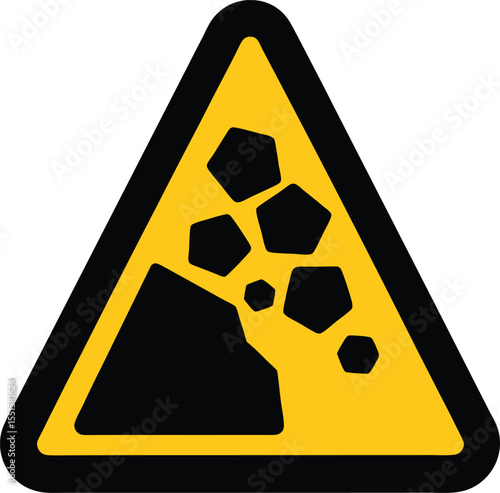 Rockfall hazard icon with stones falling from a cliff, black on yellow triangle, danger of landslide or falling rocks.


