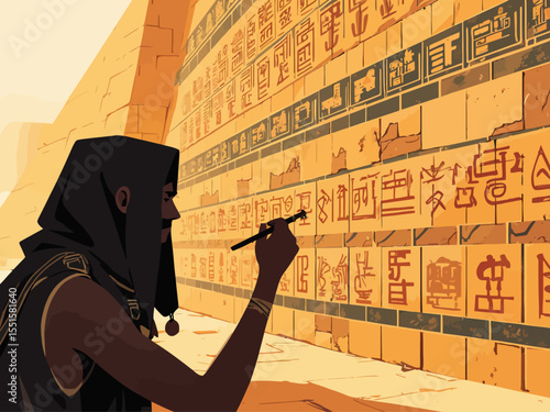  ancient Egypt, a black scribe, with his head covered, engraves hieroglyphics on a pyramid wall