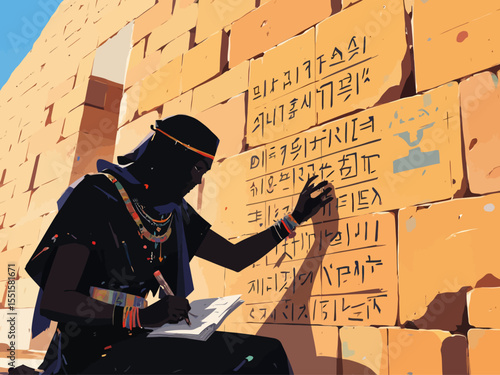  ancient Egypt, a black scribe, with his head covered, engraves hieroglyphics on a pyramid wall