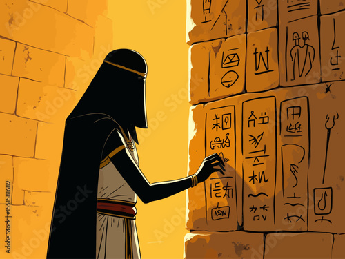  ancient Egypt, a black scribe, with his head covered, engraves hieroglyphics on a pyramid wall