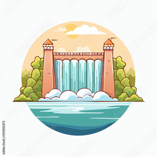 An illustration of a dam cascading water into a blue body of water with green shrubbery on either side