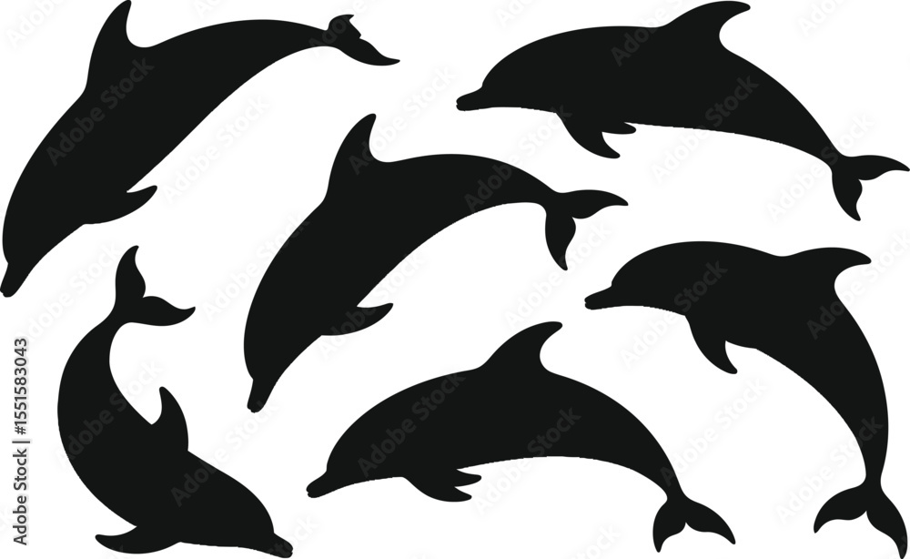 Naklejka premium Dolphin silhouette vector set, collection of dolphin swimming and jumping pose icon in black isolated style