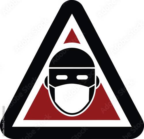 "Triangle warning sign with surgical face mask icon in black, caution for airborne contamination or need for mask"

