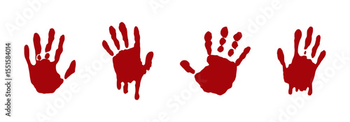 Hand print, fingerprint with red paint, blood. Halloween scary splatter, stain with drops. Human hand creepy trace. Red splatter, stream