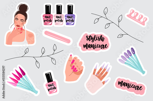 Illustration of manicure stickers on a gray background.