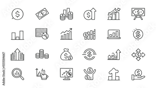 Illustration of various financial and business icons depicting growth, profit, and monetary concepts
