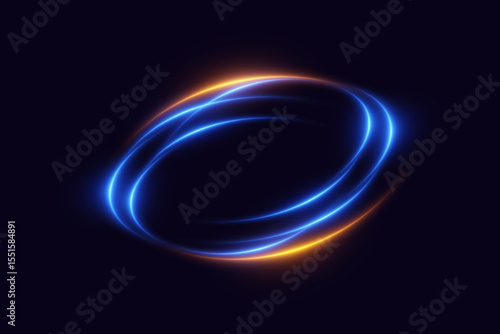 Glowing swirl of orange and blue neon light trails on dark background