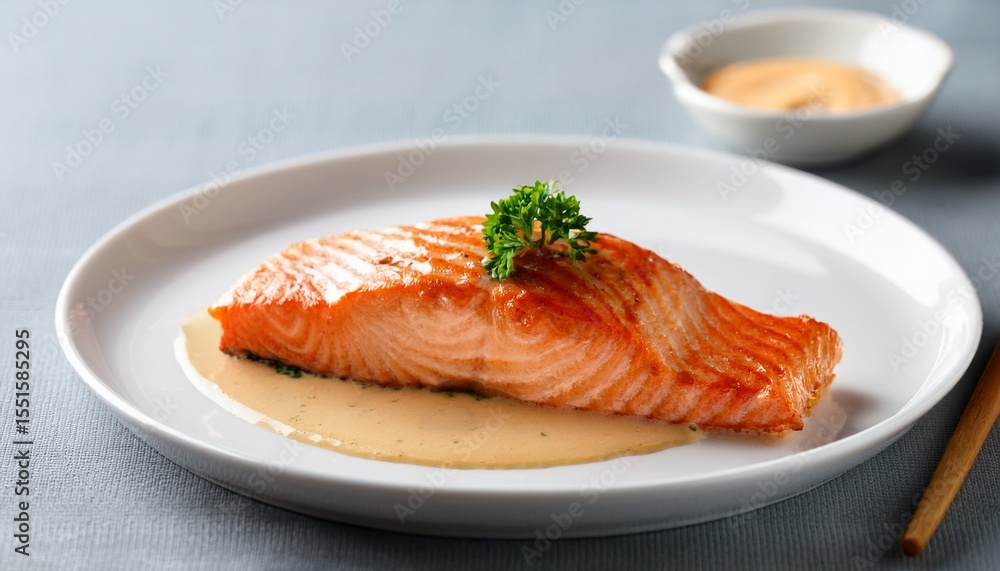 salmon fillet with sauce on white dish salmon fillet with sauce on white dish