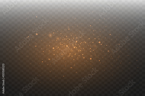 Golden sparkling glitter dust and shining stars. On a transparent background