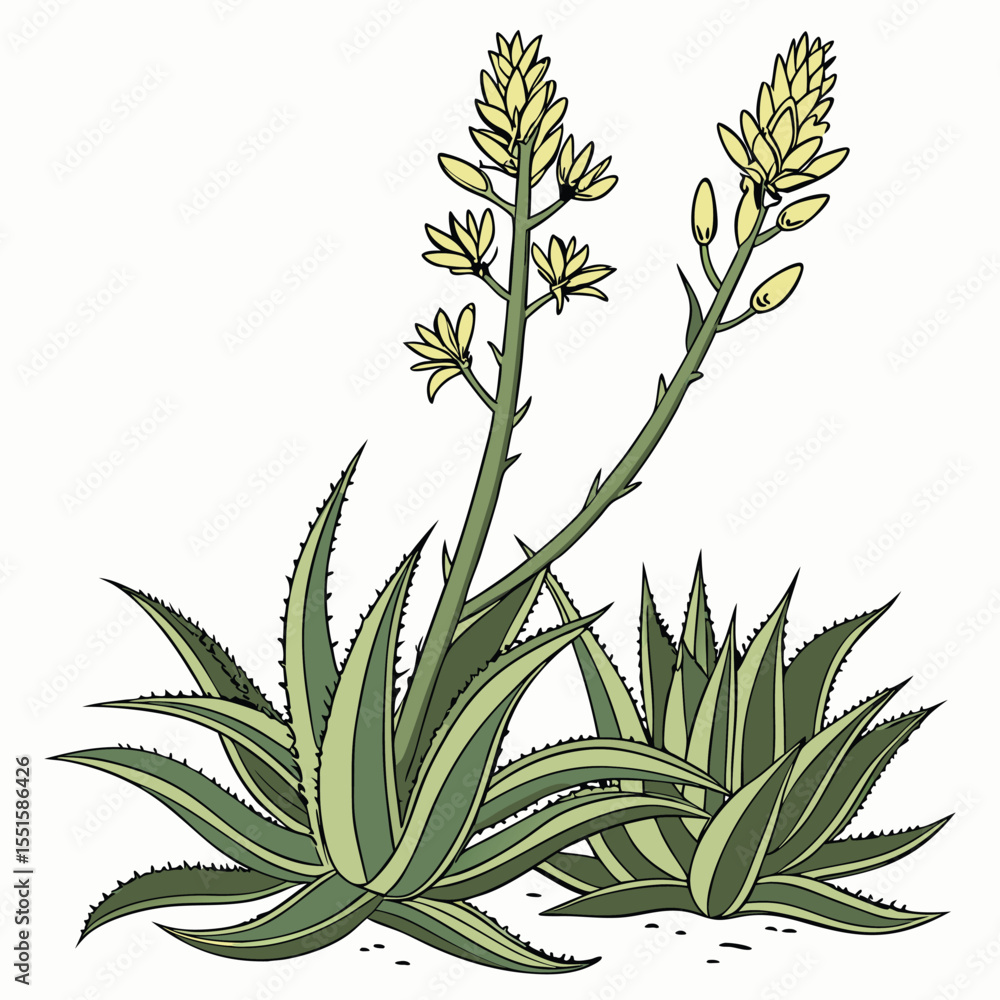 Fototapeta premium Botanical aloe vera plant with flowers, medicinal herb, and succulent plant vector illustration