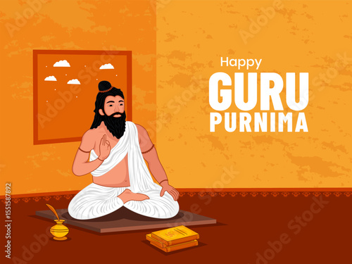 Happy Guru Purnima Indian festival celebration, background design with characters of guru give blessings.