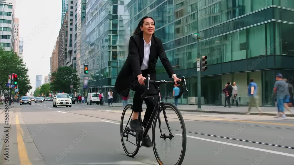 Tracking shot of a cheerful businesswoman commuting by bicycle in a bustling city. Tracking shot of a cheerful businesswoman commuting by bicycle in a bustling city.