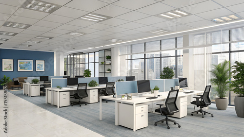 Modern Open-Plan Office with Desks, Blue Partitions, and Indoor Plants – Corporate Workspace Interior