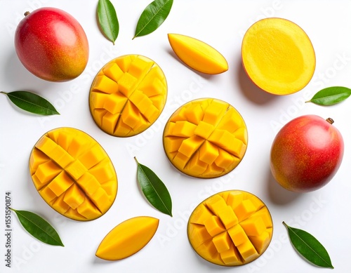 Slices of juicy mango, showcasing its beautiful color and succulent texture, ideal for food photography, recipes, or conveying a refreshing vibe, mango in white background