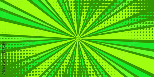 Comic green abstract background with beams radial and halftone effects, empty green comic style zoom lines background, Superhero comic book poster background with halftone print effect.