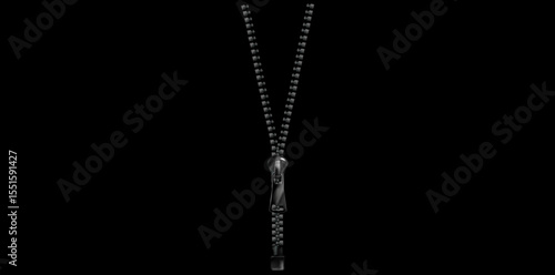 Realistic Black Zipper Isolated On Black Background, Zip With Puller Vector Illustration.	