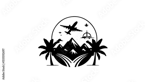 Travel Silhouette with Globe, Mountains, Palms, and Airplane