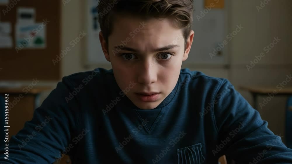 Young boy looking concerned while sitting at desk in classroom Young boy looking concerned while sitting at desk in classroom