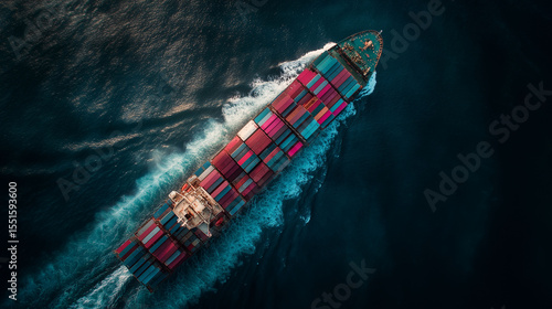 cargo ship at sea, top-down shot showing stacked containers, waves trailing behind, cinematic drone photography