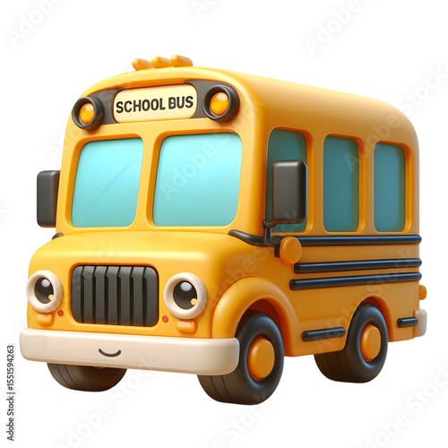 Cute cartoon yellow school bus with happy face isolated on transparent background