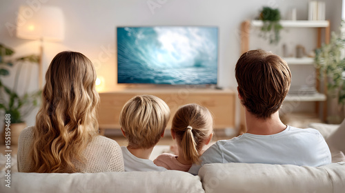 Family Using Voice Control with Smart TV in Cozy Living Room