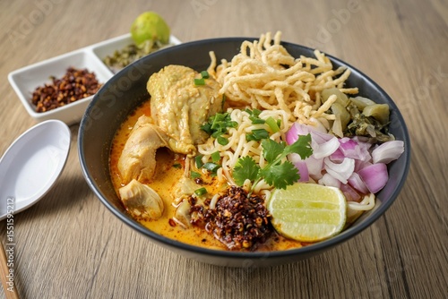 Noodles with chicken curry soup , Thai called khao soi kai ,Northern food of thailand
