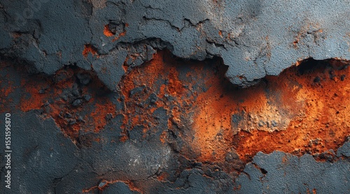 A close up view of cracked dark gray surface revealing orange textured interior