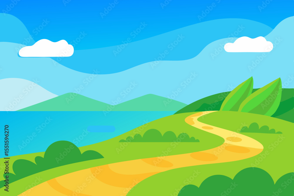 Obraz premium Stylized cartoon landscape with a winding path leading to a serene blue lake and distant mountains