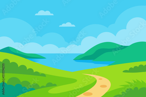 Scenic landscape with rolling green hills and a winding path leading to the ocean