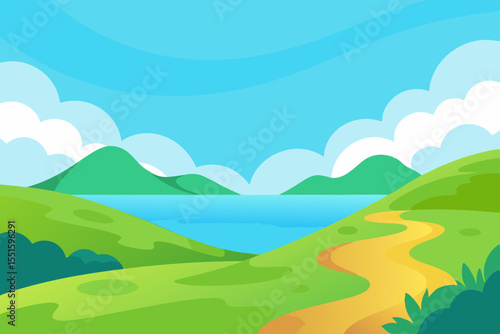 Vibrant cartoon landscape with rolling green hills a winding path and a calm blue lake under a cloudy sky
