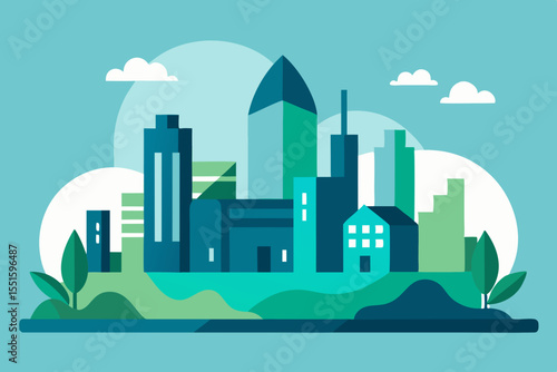 Modern geometric cityscape with stylized buildings and rolling green hills