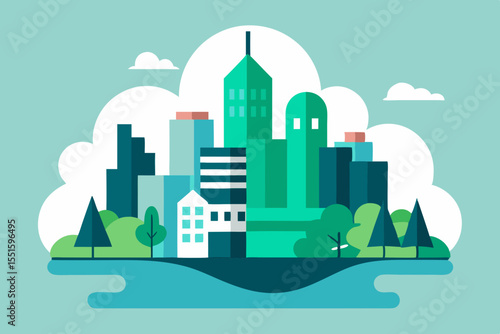 Stylized illustration of a modern city skyline with green buildings and trees