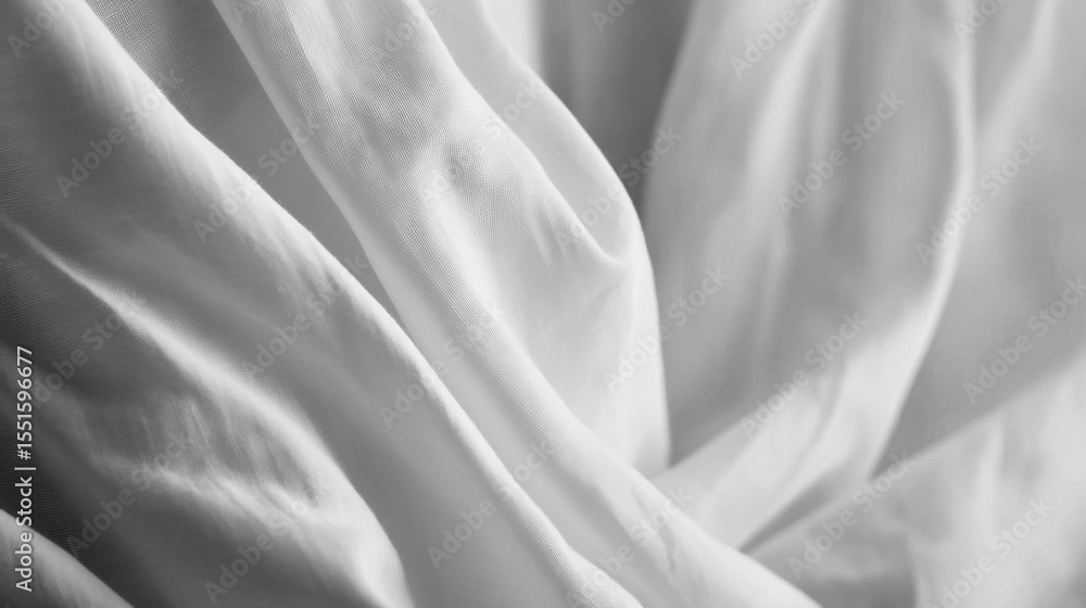 Fototapeta premium Soft white fabric wrinkles in close-up texture folds natural smooth cotton material background detail with lighting and shadows creating gentle curves and waves effect