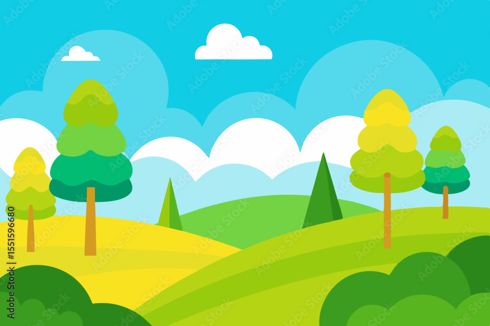 Obraz premium Vibrant cartoon landscape with rolling green hills and stylized trees under a blue sky