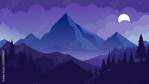 Serene mountain landscape with a full moon and starry night sky