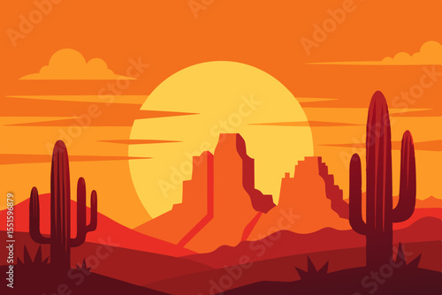 Vibrant desert landscape with saguaro cacti and mesas at sunset