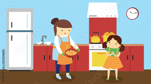 Mother and daughter cooking in the kitchen. Flat style vector illustration.