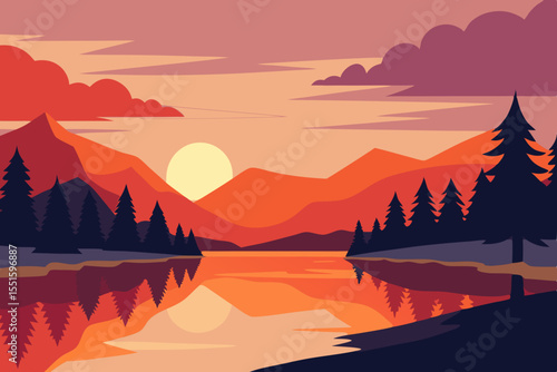 Vibrant sunset over a calm lake with silhouetted pine trees and mountains