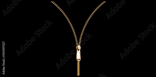 Realistic Golden Zipper Isolated On Black Background, Zip With Puller Vector Illustration.	