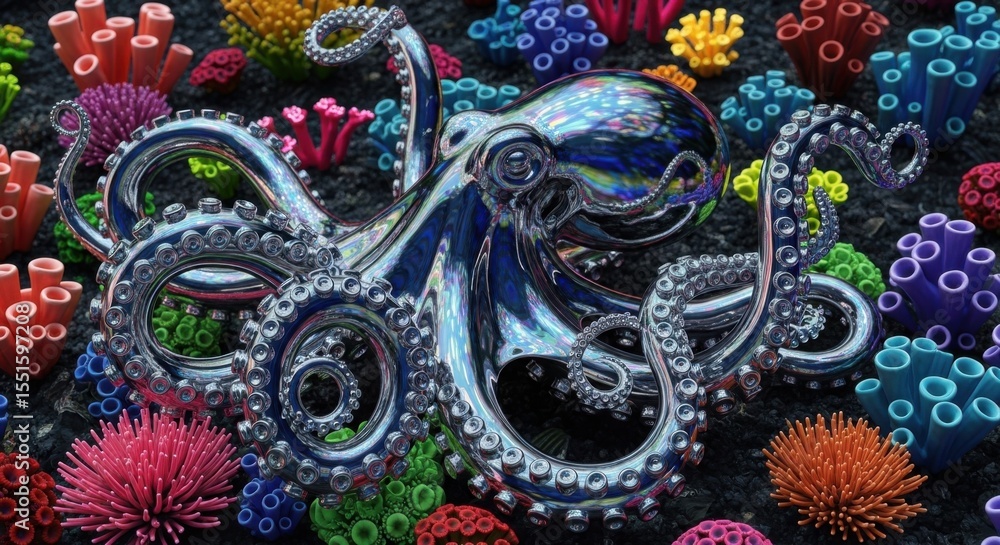 Obraz premium A Stunning Chrome Octopus Amidst Vibrant Coral Reefs Underwater Life Exploration
