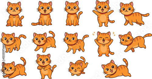 Cute cartoon orange cats collection, various playful kitten poses, adorable pet characters, funny cat expressions, domestic animal illustration, kids design element, isolated vector art