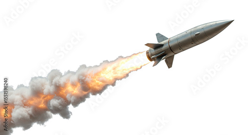 A powerful silver rocket takes flight, leaving a fiery trail of smoke in its wake.